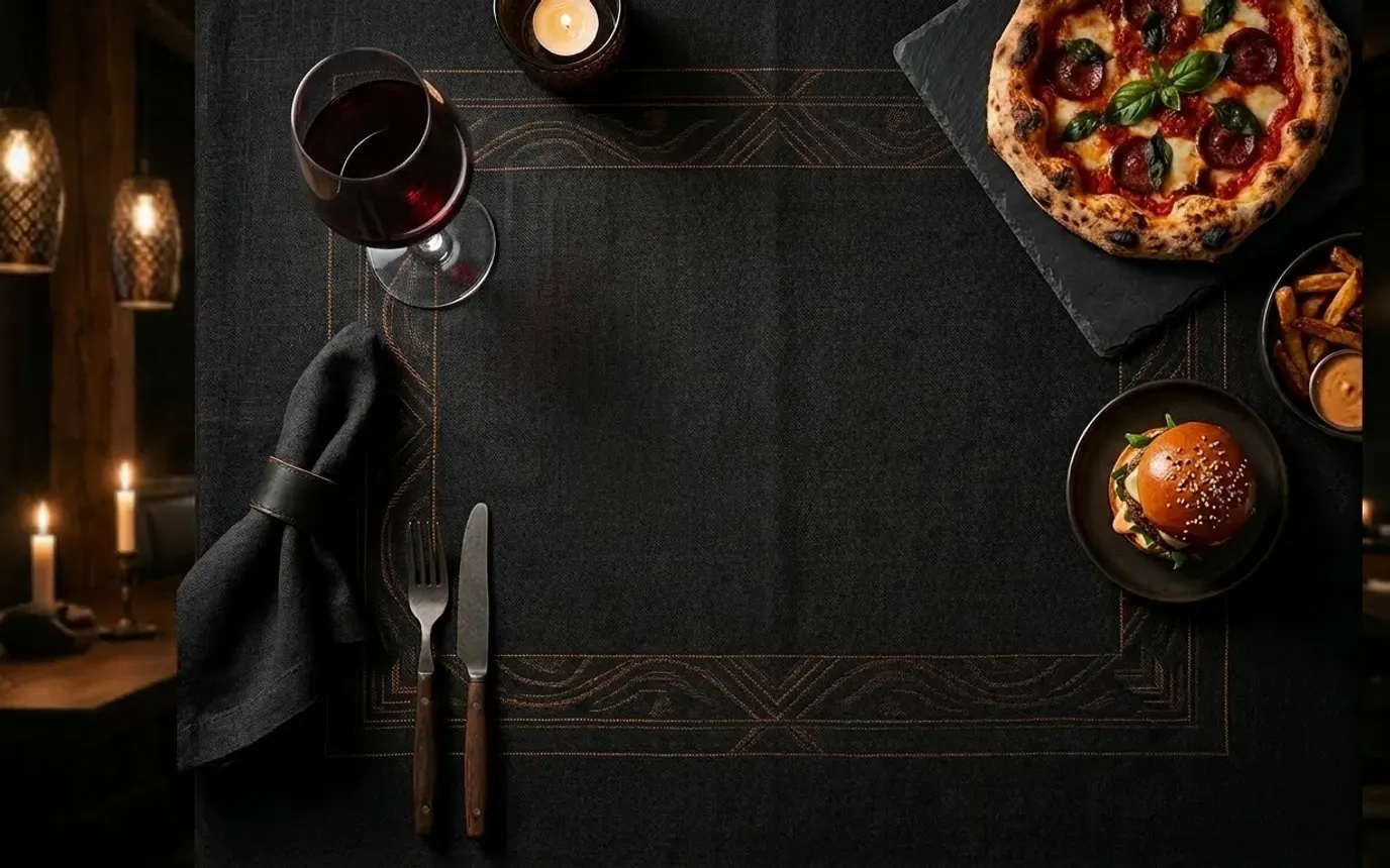 Mesa preparada para cenar con copa de vino, pizza y hamburguesa bajo luz cálida