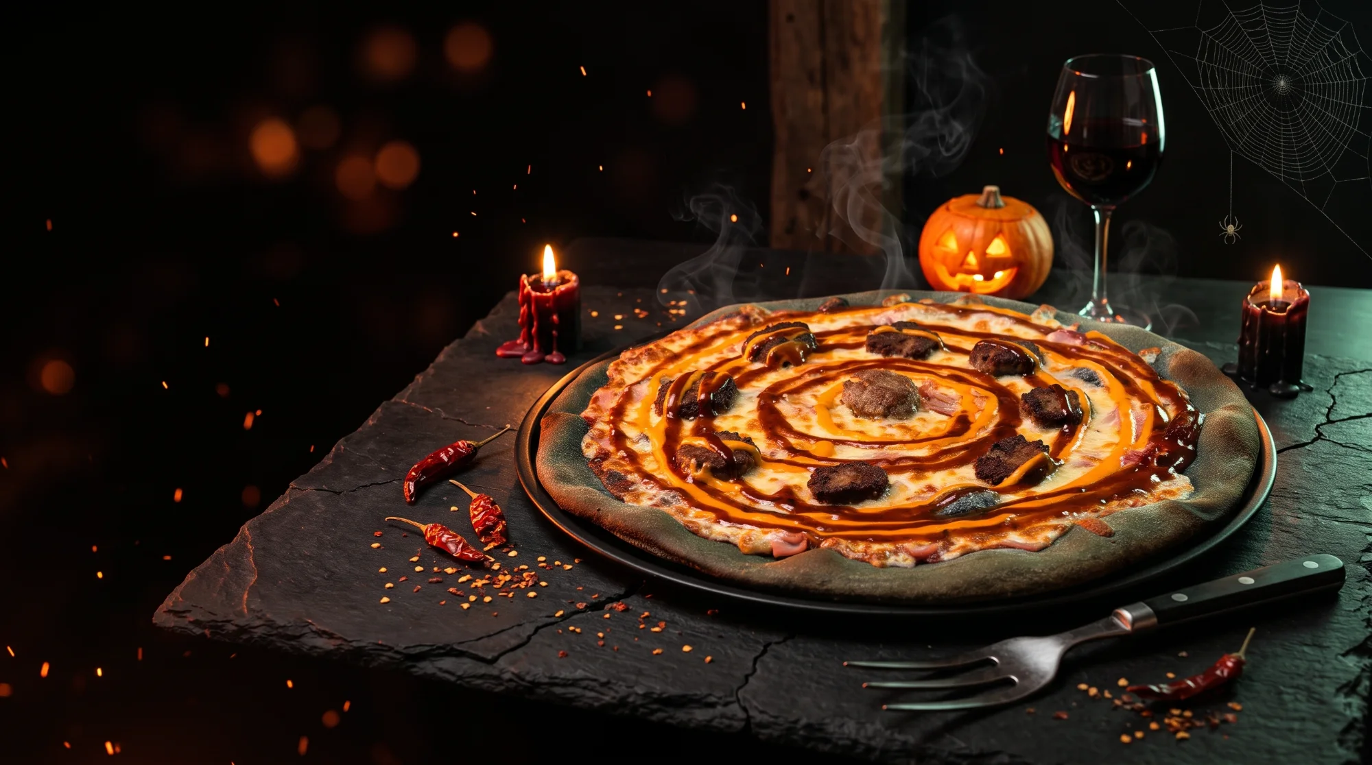 Pizza El Bocado del Diablo: base de pan negro con un remolino de salsa barbacoa y cheddar, rodeada de velas, una calabaza y brasas